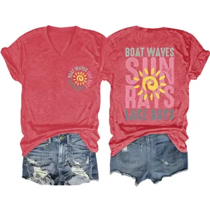 Detail of red V-neck T-shirt showing front and back 'Boat Waves' sun graphics.