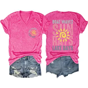 Detailed front and back view of vibrant pink V-neck T-shirt with sun rays graphic print