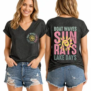 Women's Casual Cotton V-Neck Short Sleeve T-Shirt With Boat Waves Sun Rays Lake Days Graphic Printed Summer Top