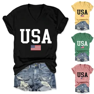 Comparison of black, yellow, green, and pink variants for the USA flag women's T-shirt