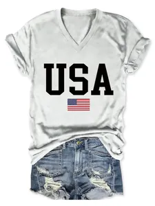 Detail of women's white V-neck USA flag print T-shirt with rolled sleeves