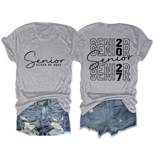 Maglietta in cotone grigio da donna con vista fronte e retro e stampa Senior Class 2027