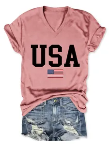Casual pink V-neck T-shirt for women featuring USA and flag print with denim shorts set.