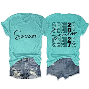 Vista completa fronte e retro della t-shirt turchese Senior Class 2027 da donna
