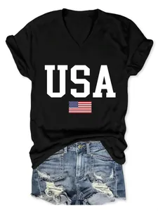 Women's black V-neck t-shirt featuring a USA flag print and distressed denim shorts