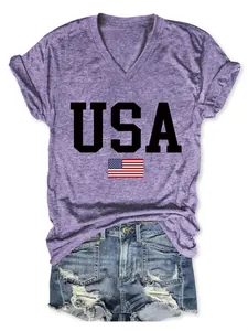 Detailed shot of a purple V-neck T-shirt featuring USA text and US flag print design