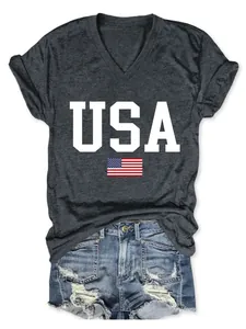 Detail view of women's USA flag print V-neck T-shirt in charcoal grey