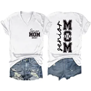 Front and back detail of Senior Mom 2027 white V-neck T-shirt with black print