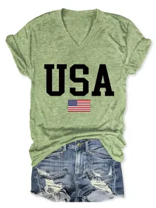 Close-up of women's USA flag printed V-neck T-shirt in sage green heather fabric