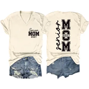 Detailed front and back views of Senior Mom 2027 V-neck beige T-shirt and shorts