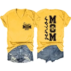 Yellow V-neck Senior Mom 2027 T-shirt with front and back graphic prints