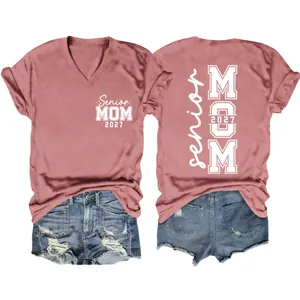 Detailed front and back view of mauve V-neck T-shirt with Senior Mom 2027 prints