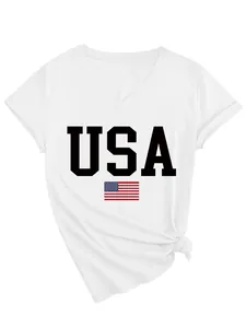 Close-up of white women's V-neck T-shirt with USA text and American flag print