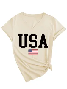 Detail view of women's cream V-neck T-shirt with USA text and flag print