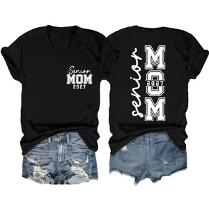 Women's black V-neck T-shirt featuring Senior MOM 2027 print, front and back view