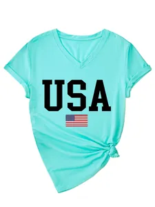 Women's V-neck T-shirt in mint green with black USA print and American flag design