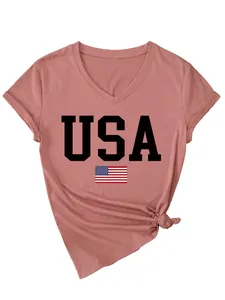 Close-up detail of stylish pink ladies V-neck T-shirt with USA flag and text print