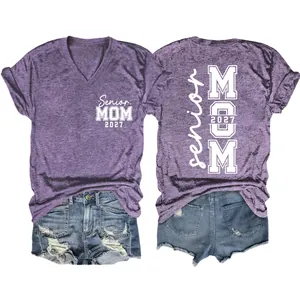 Front and back detail of purple Senior Mom 2027 V-neck T-shirt with denim shorts