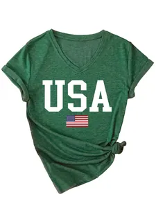 Detailed view of a green women's V-neck T-shirt featuring white USA logo and flag print.