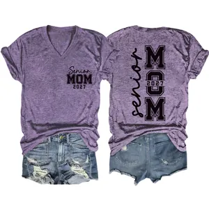 Detail view of purple V-neck women's T-shirt featuring Senior Mom 2027 front and back print