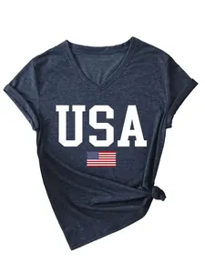 Detailed view of women's heather blue V-neck T-shirt with USA text and flag print