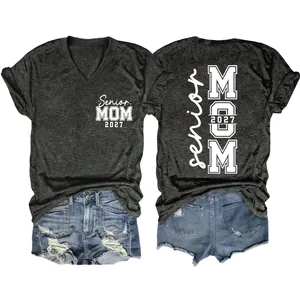 Detailed front and back view of charcoal gray Senior Mom 2027 V-neck leisure T-shirt for women