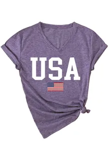 Close-up of USA flag print on purple V-neck short sleeve T-shirt for women