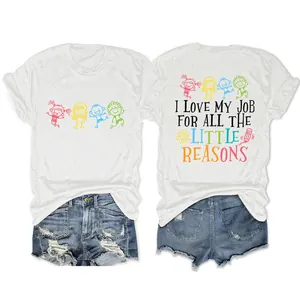 T-shirt bianca casual da insegnante con citazione I Love My Job e disegni di bambini