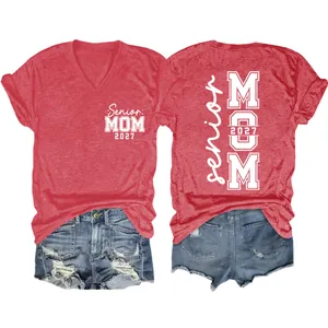 Detail view of front and back print on red V-neck Senior Mom 2027 T-shirt