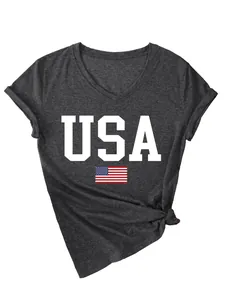 Detail view of women's heather grey V-neck T-shirt with white USA and flag print