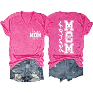 Women's comfortable pink V-neck short sleeve T-shirt with Senior Mom 2027 print