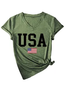 Detailed view of women's olive green V-neck T-shirt with black USA flag print.
