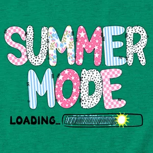 Close-up of vibrant 'Summer Mode Loading' graphic print on casual green women's T-shirt
