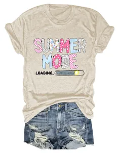 Macro view of casual beige t-shirt with summer mode loading print and denim shorts