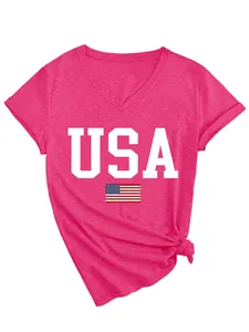 Detailed view of women's hot pink V-neck T-shirt featuring USA flag and letter print