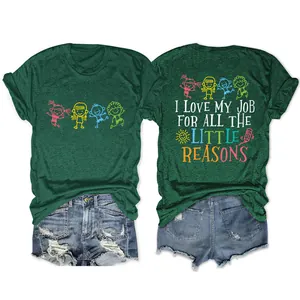 Vista fronte e retro della maglietta verde da donna con scritta 'I Love My Job' e bambini