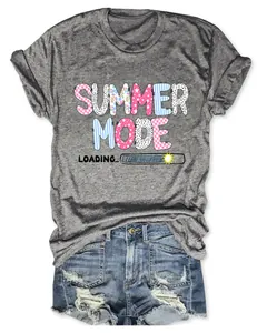Detail of the colorful Summer Mode Loading graphic print on a grey cotton t-shirt