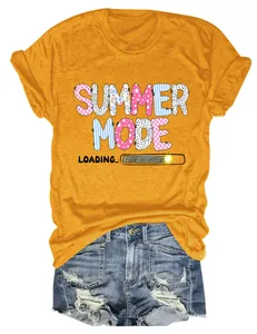 Close-up of yellow women's T-shirt with 'Summer Mode Loading' graphic print