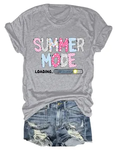 Detailed view of the vibrant Summer Mode Loading graphic print on a gray casual T-shirt