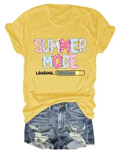 Close-up of yellow women's crew neck T-shirt with 'Summer Mode Loading' colorful print