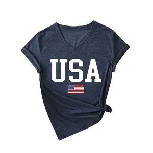Navy blue women's V-neck T-shirt featuring USA block letters and American flag