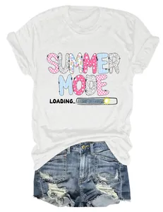 Detail of Summer Mode Loading graphic print on a soft white cotton crew neck T-shirt