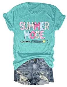 High-quality turquoise women's crew neck T-shirt with Summer Mode Loading graphic.