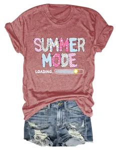 Close-up of women's round neck T-shirt with Summer Mode Loading print