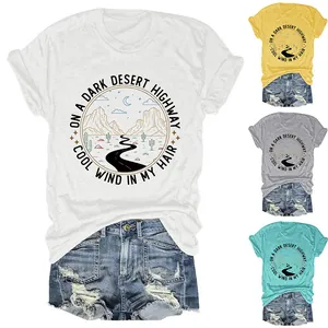 T-shirt décontracté pour femme avec graphique de route du désert, col rond, plusieurs couleurs