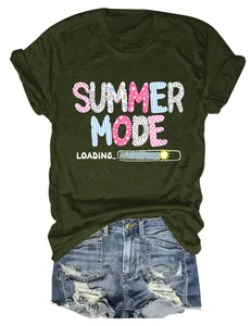 Close-up of 'Summer Mode Loading' colorful print on dark green t-shirt
