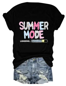 Detail of black t-shirt featuring 'Summer Mode Loading' colorful graphic print