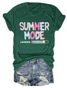 Detailed view of dark green t-shirt featuring a colorful Summer Mode Loading print