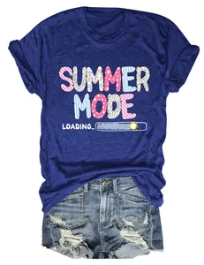 Close-up detail of a blue heathered t-shirt featuring a Summer Mode Loading graphic print