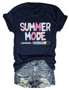 Detail view of navy t-shirt with Summer Mode Loading print and denim shorts